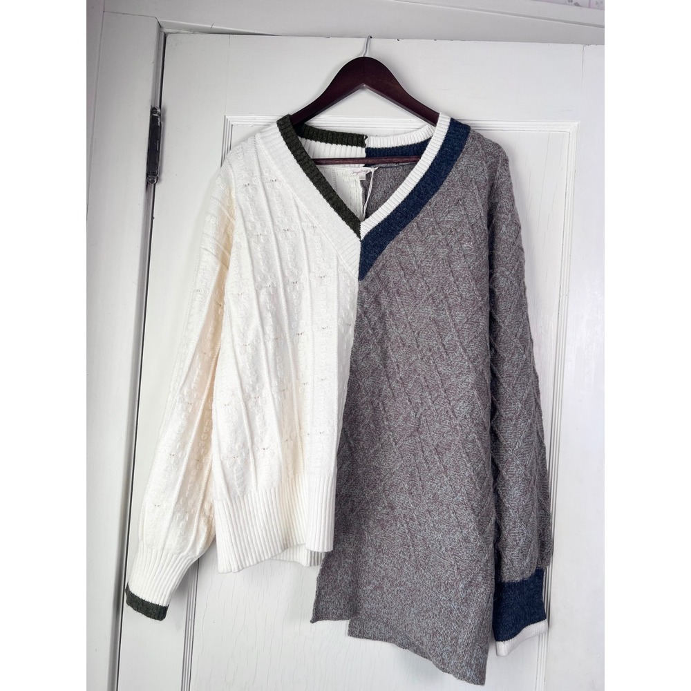 Unique Split Mystree Colorblock V Neck Cable Knit Sweater Women's‎ Size L